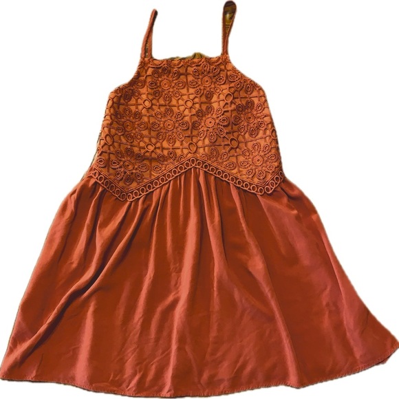 Live To Be Spoiled Burnt Orange Sleeveless Mini Dress Lace Embroidered Bodice XS - Picture 4 of 6
